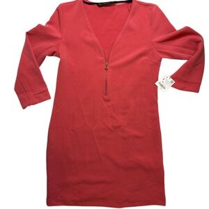 Zara Basic Black Label Boho Coral Dress Long Sleeve Gold Zip Front Size S‎